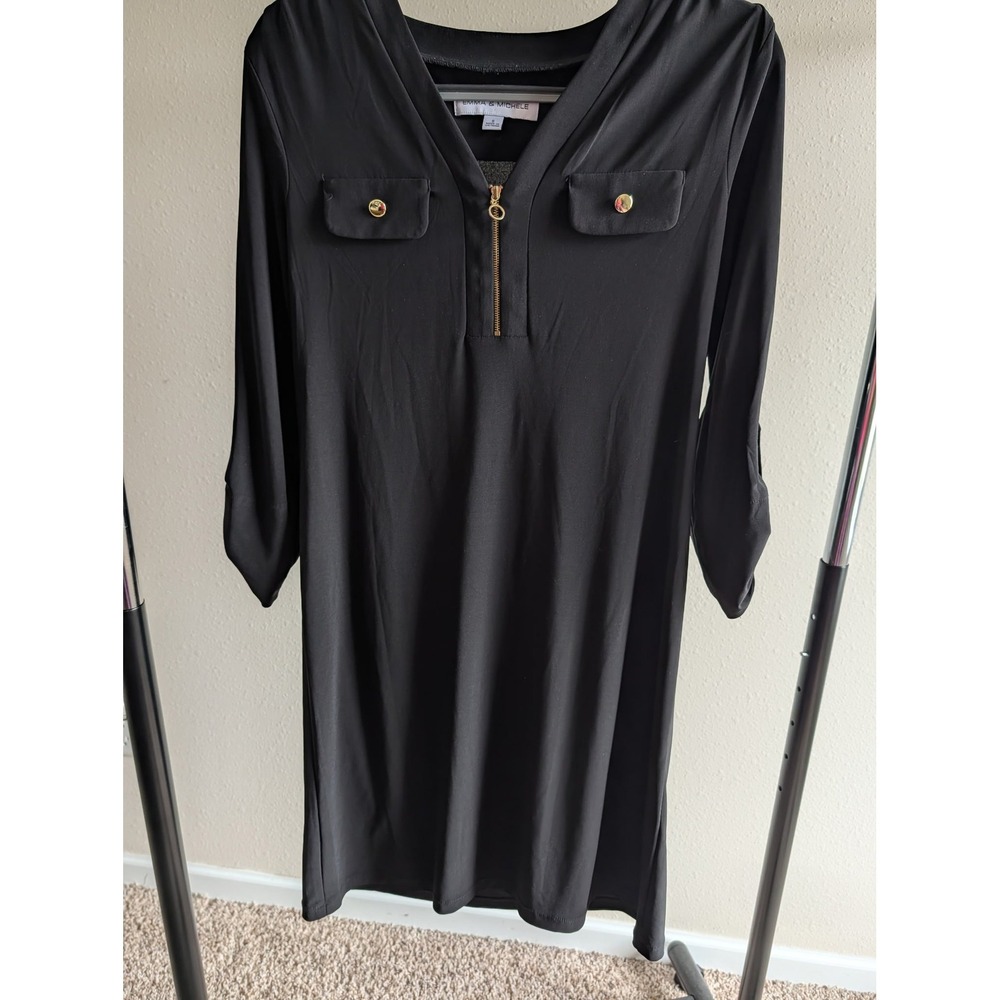 Emma & Michele Womens Black 3/4 Roll Tab Sleeve Zip V-Neck Shift Dress Size S